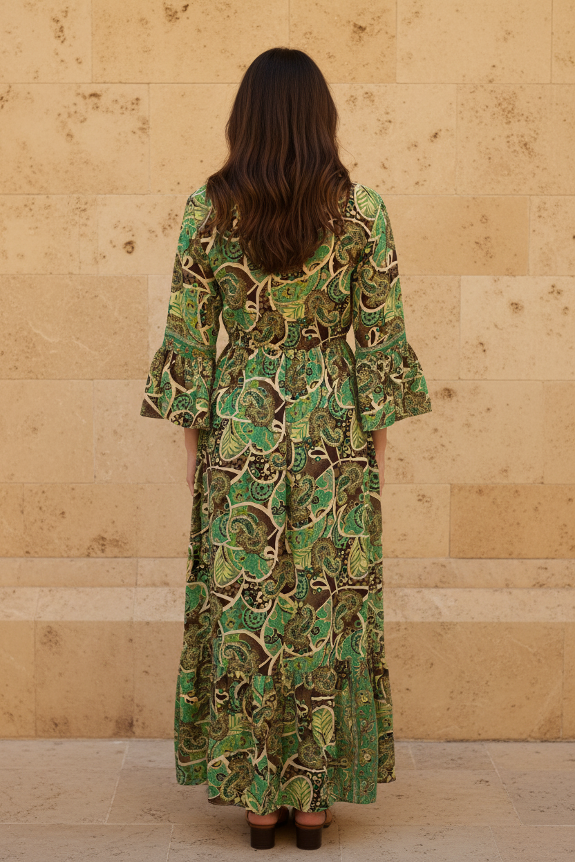 Boho Maxi Kleid Smaragd Dunkelbraun Paisley – Rückseite Steinwand