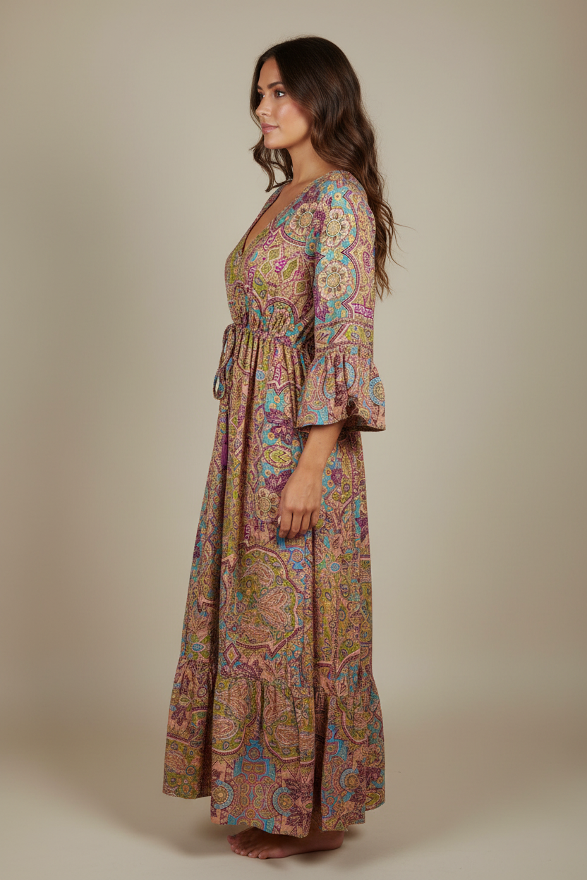 Boho Maxi Kleid Peach Türkis Patchwork – Studio Seitenansicht