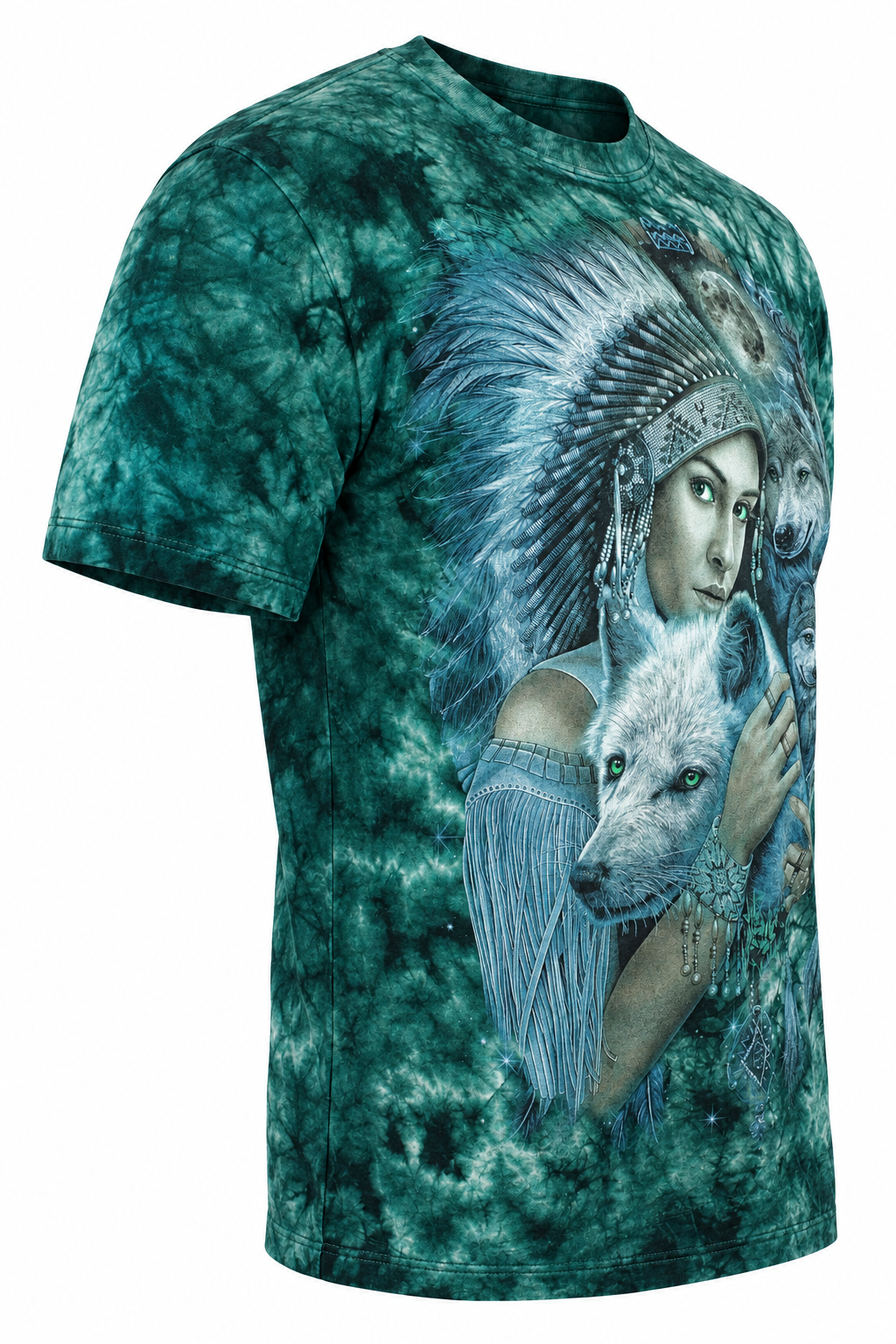 Green Spirit Wolf T-Shirt in der Seitenansicht auf digitalem Shop-Weiß