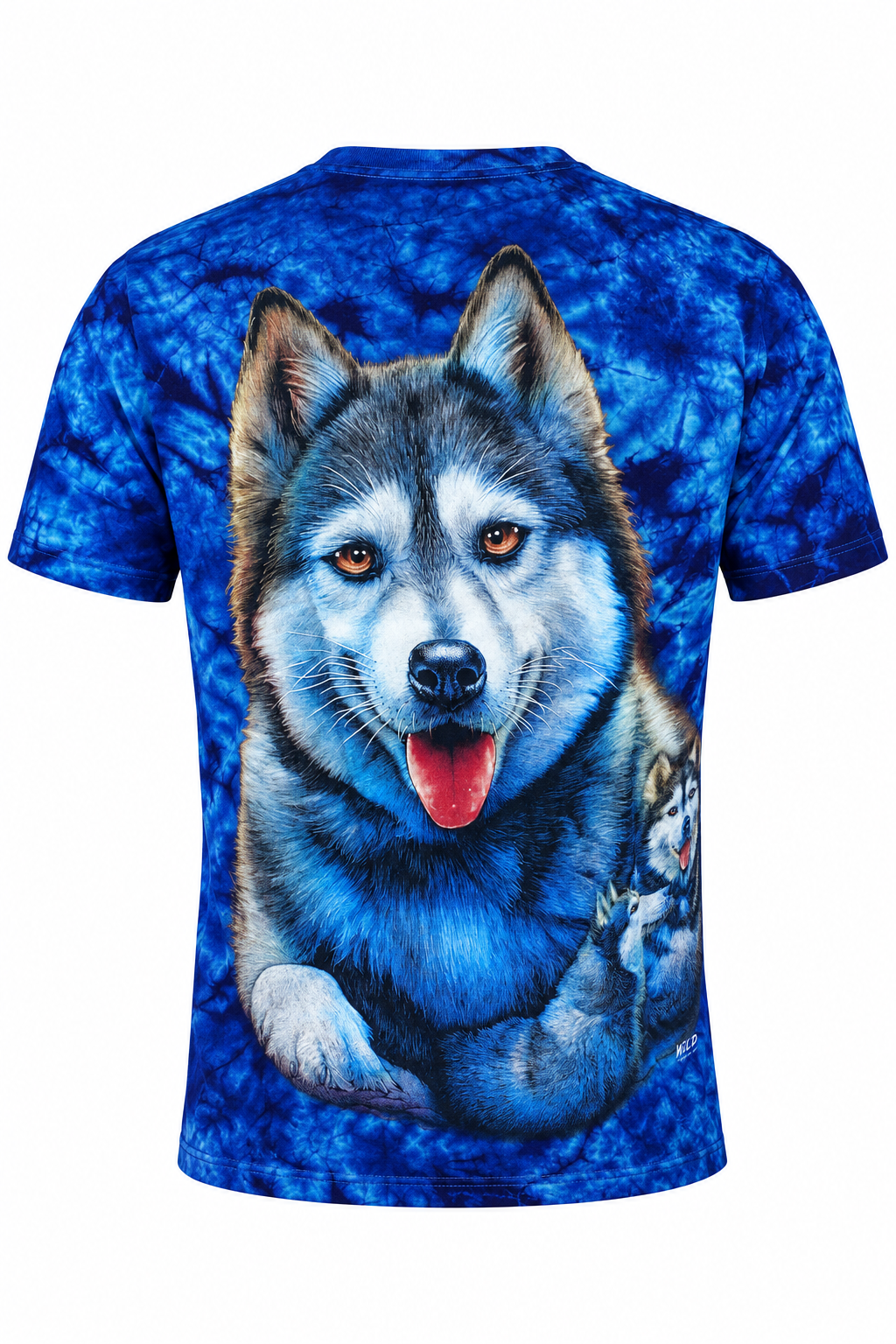 Rückseite des blauen Husky Family Tie-Dye T-Shirts mit großem Hundemotiv