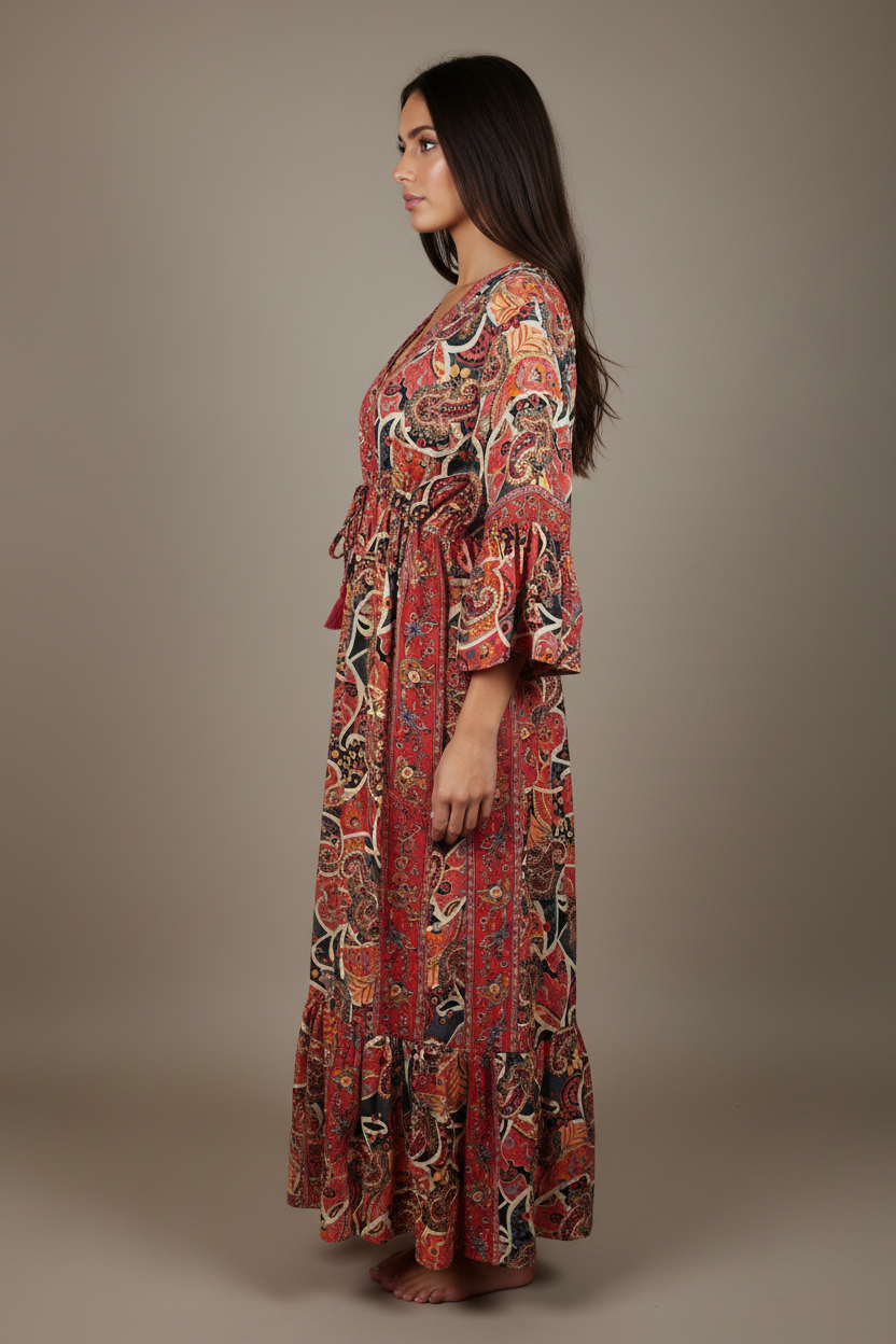 Boho Maxi Kleid Rot Anthrazit Paisley – Studio Seitenansicht