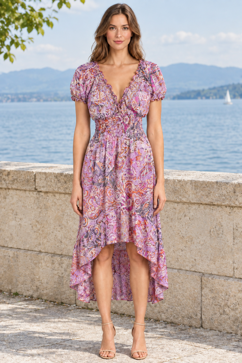 Boho Kleid in Flieder und Rosa vor heller Steinwand