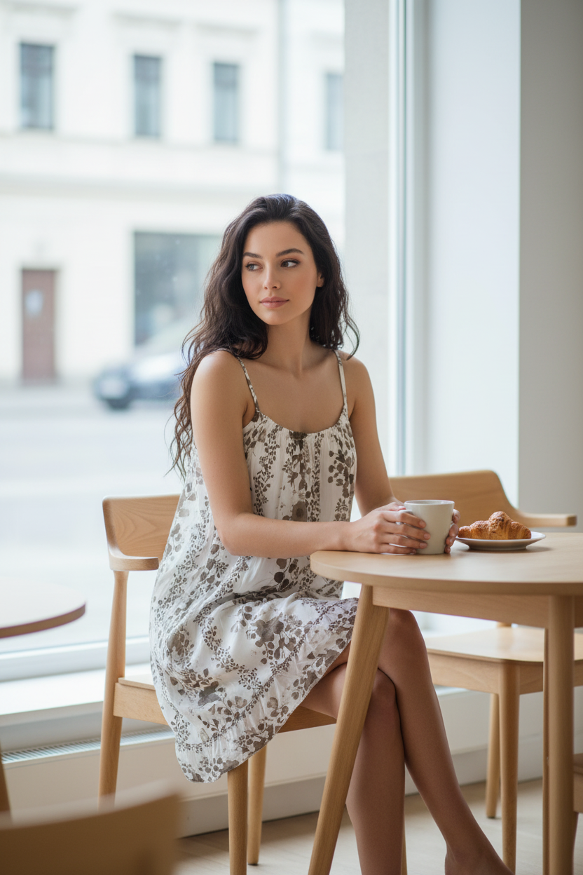 Sommerkleid Blumenprint Weiß Taupe Café