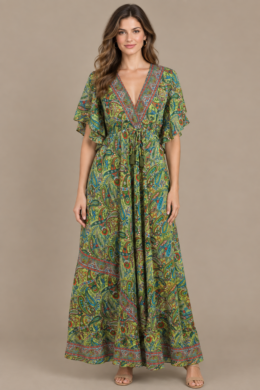 Boho Maxikleid Olivgrün Blau Rostrot – Studio Vorderansicht