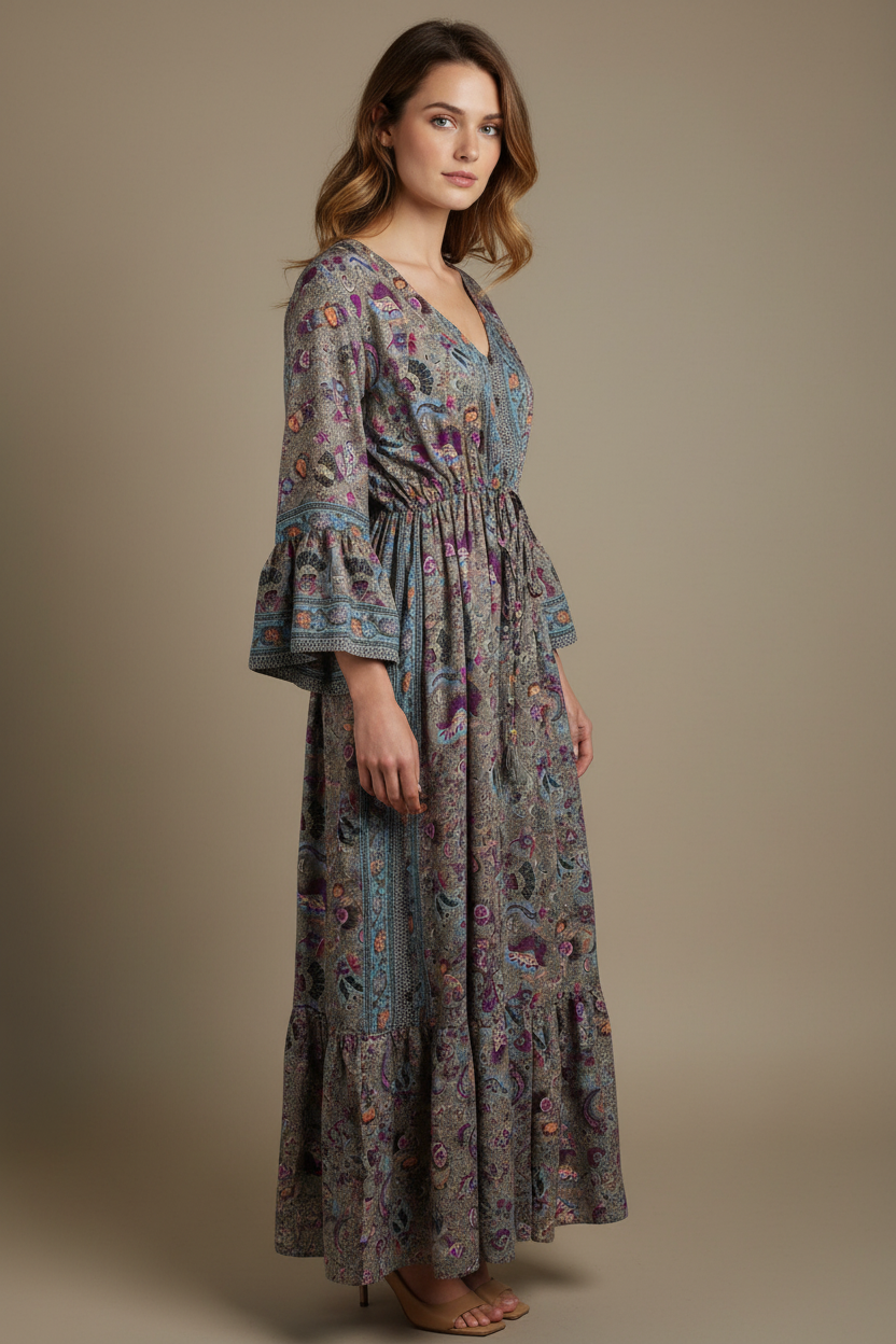 Boho Maxi Kleid Paisley Grau Lila – Seitenansicht