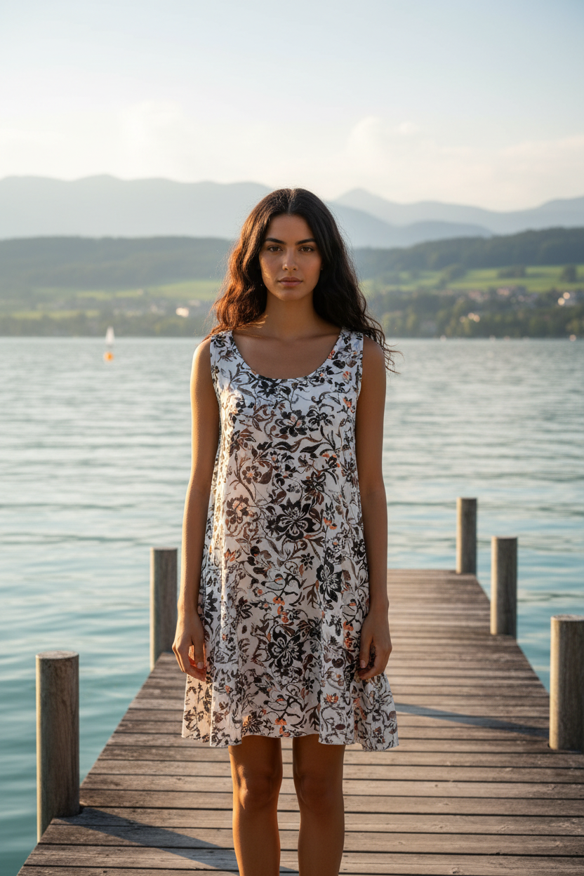 Sommerkleid Blumenprint Weiß Schwarz Orange Bodensee