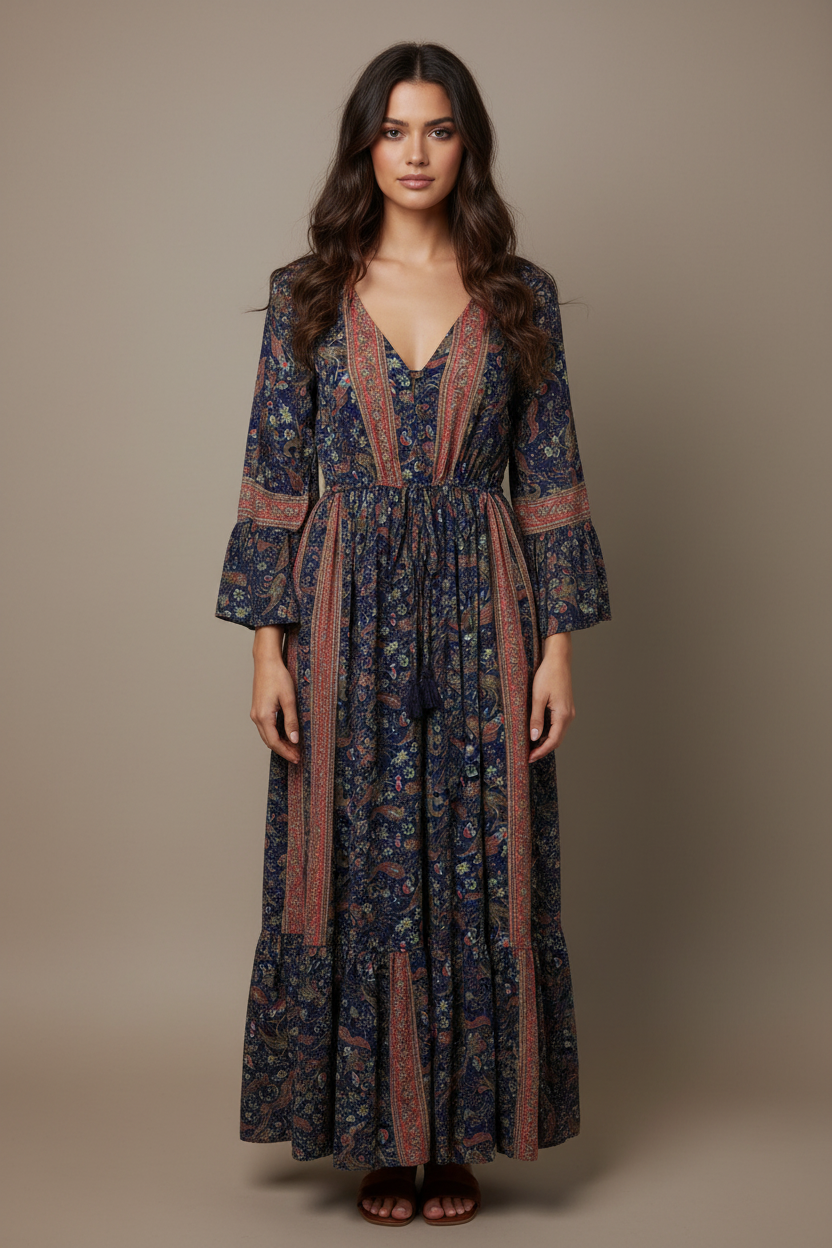 Boho Maxi Kleid Blau Bordeaux – Studio Hauptbild
