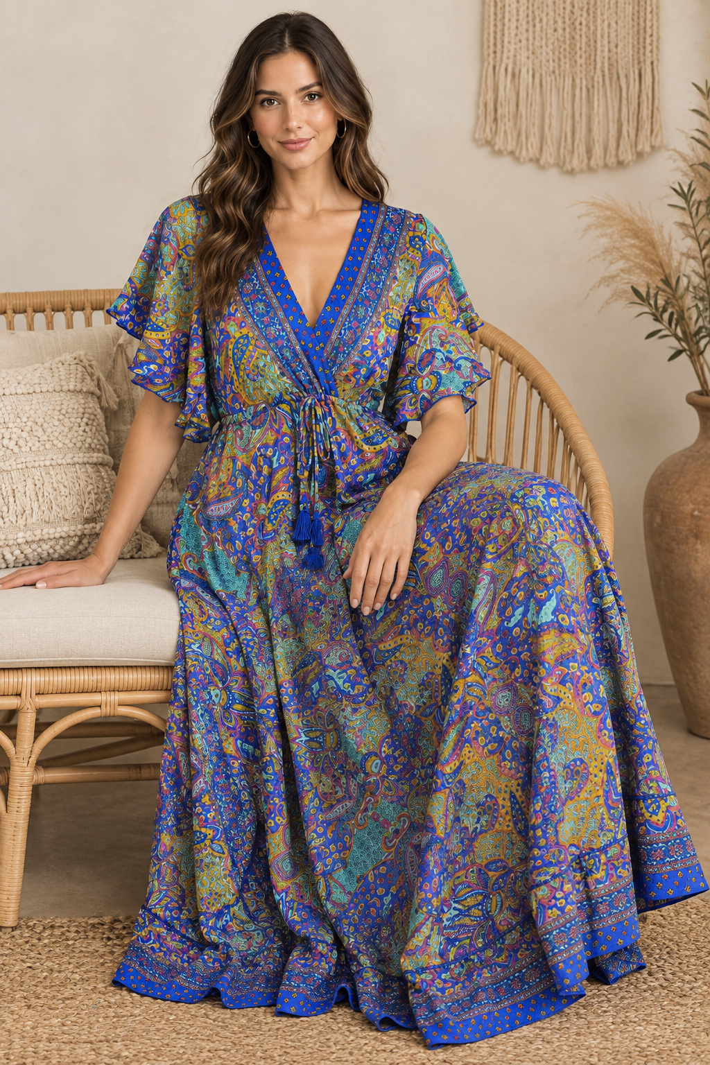 Boho Maxikleid Kobaltblau Türkis – Sitzbild
