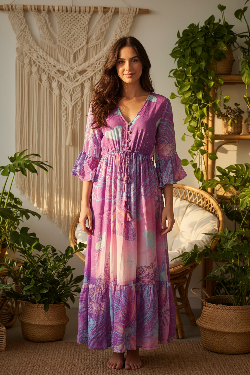 Boho Maxi Kleid Lila Pink Schmetterling – Boho Stehend