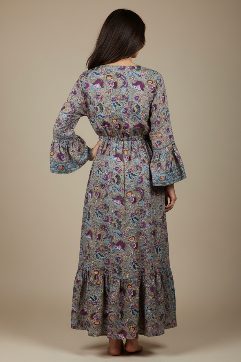 Boho Maxi Kleid Paisley Grau Lila – Rückseite