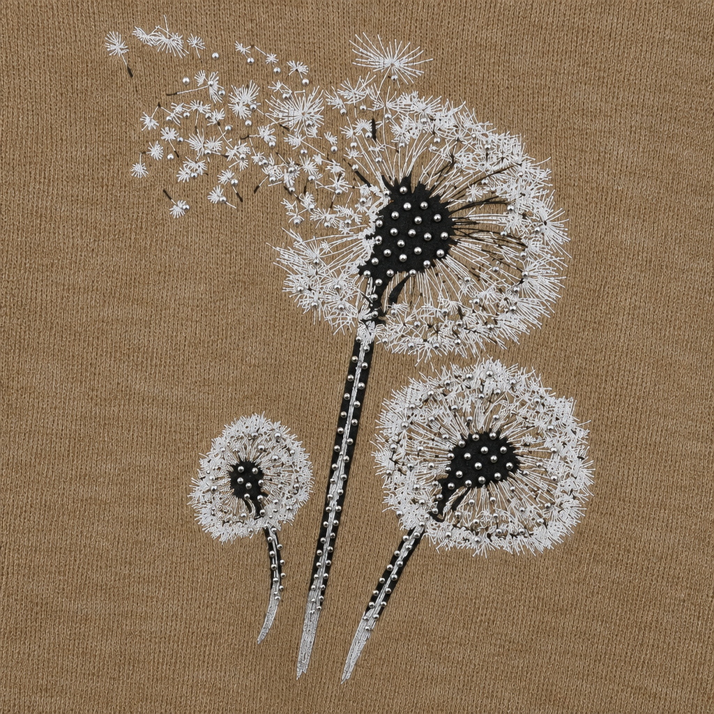 Pusteblumenmotiv auf beige-taupefarbenem Stoff, KI-Entwurf