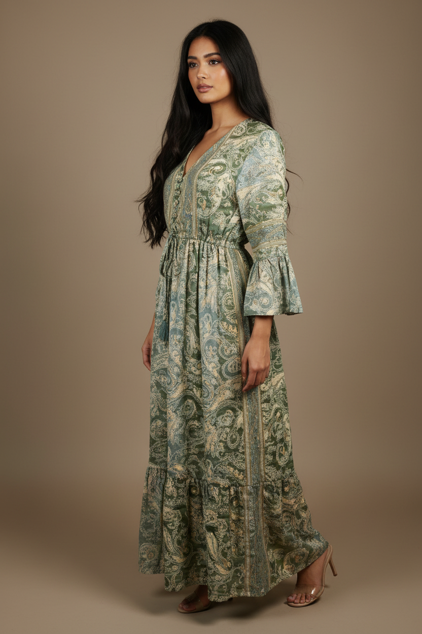 Boho Maxi Kleid Salbeigrün Creme Baroque Paisley – Seitenansicht