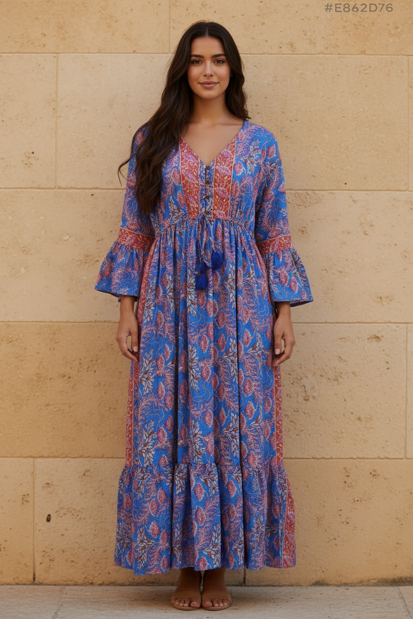 Boho Maxi Kleid Blau Pink Blockprint – Steinwand