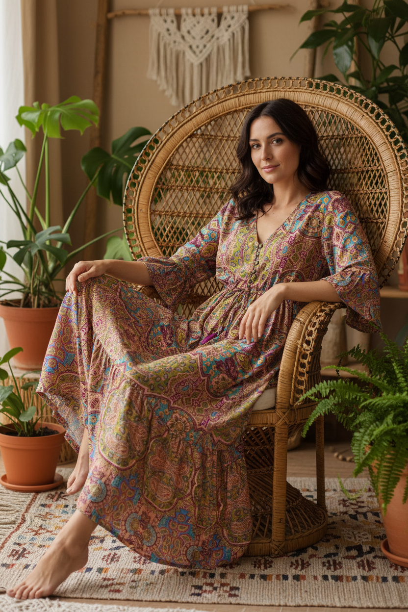 Boho Maxi Kleid Peach Türkis Patchwork – Sitzbild Boho