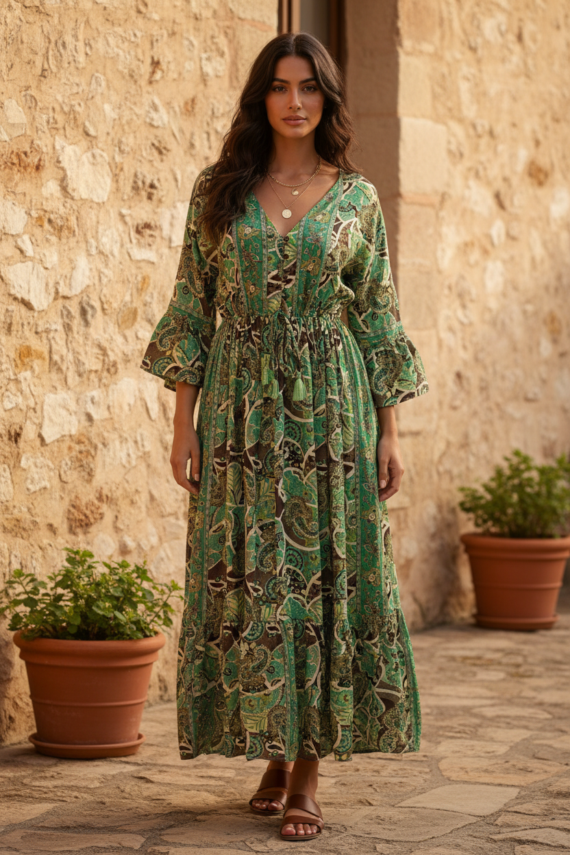 Boho Maxi Kleid Smaragd Dunkelbraun Paisley – Steinwand Stehend