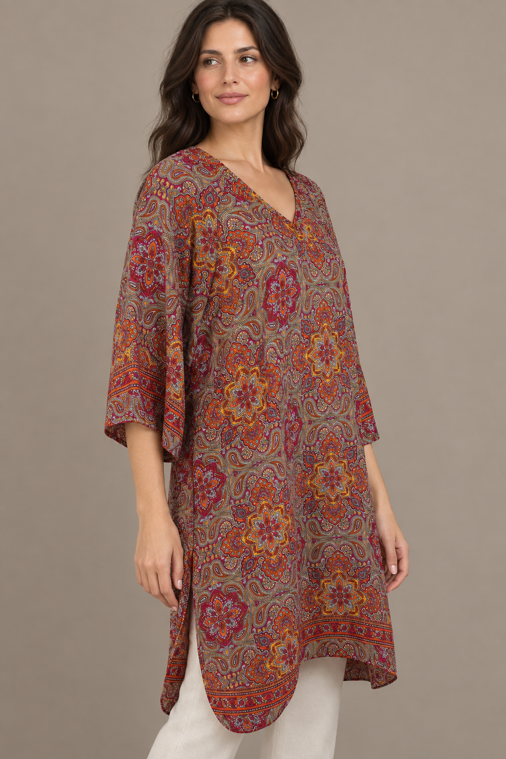 Boho Tunika Taupe und Bordeaux – Seitenansicht