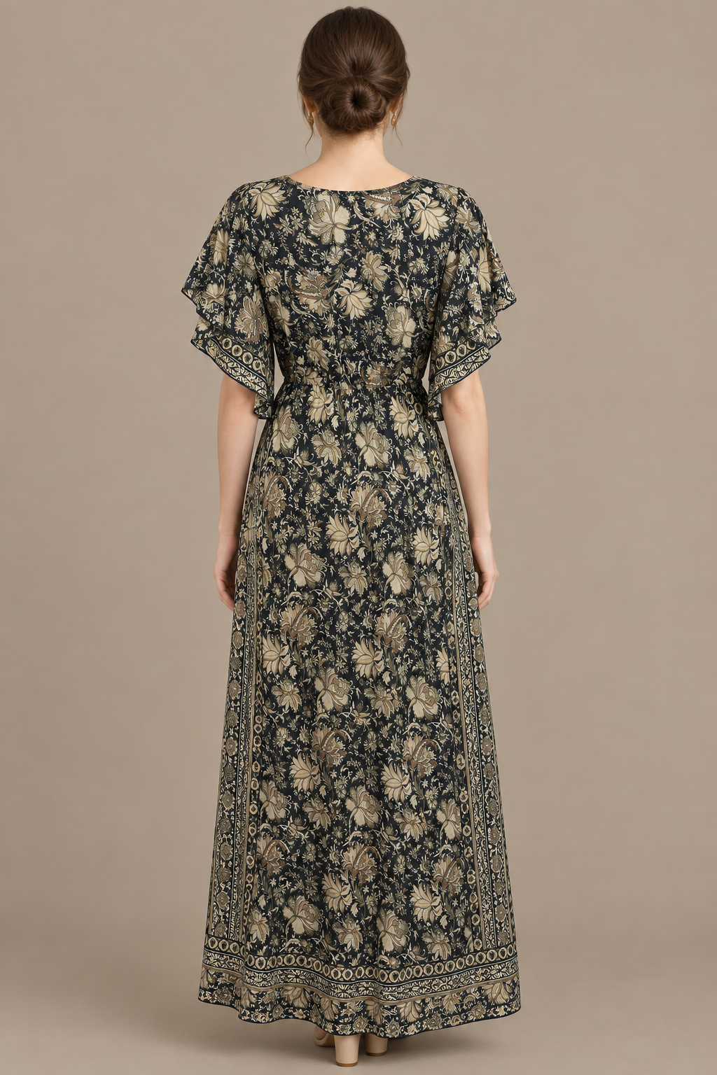 Boho Maxikleid Schwarz Taupe – Rückansicht