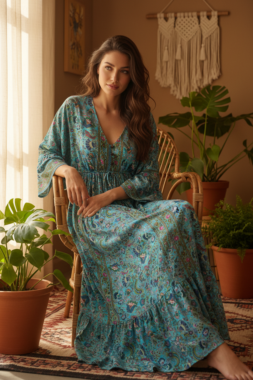 Boho Maxi Kleid Türkis Exotischer Print – Sitzbild Boho