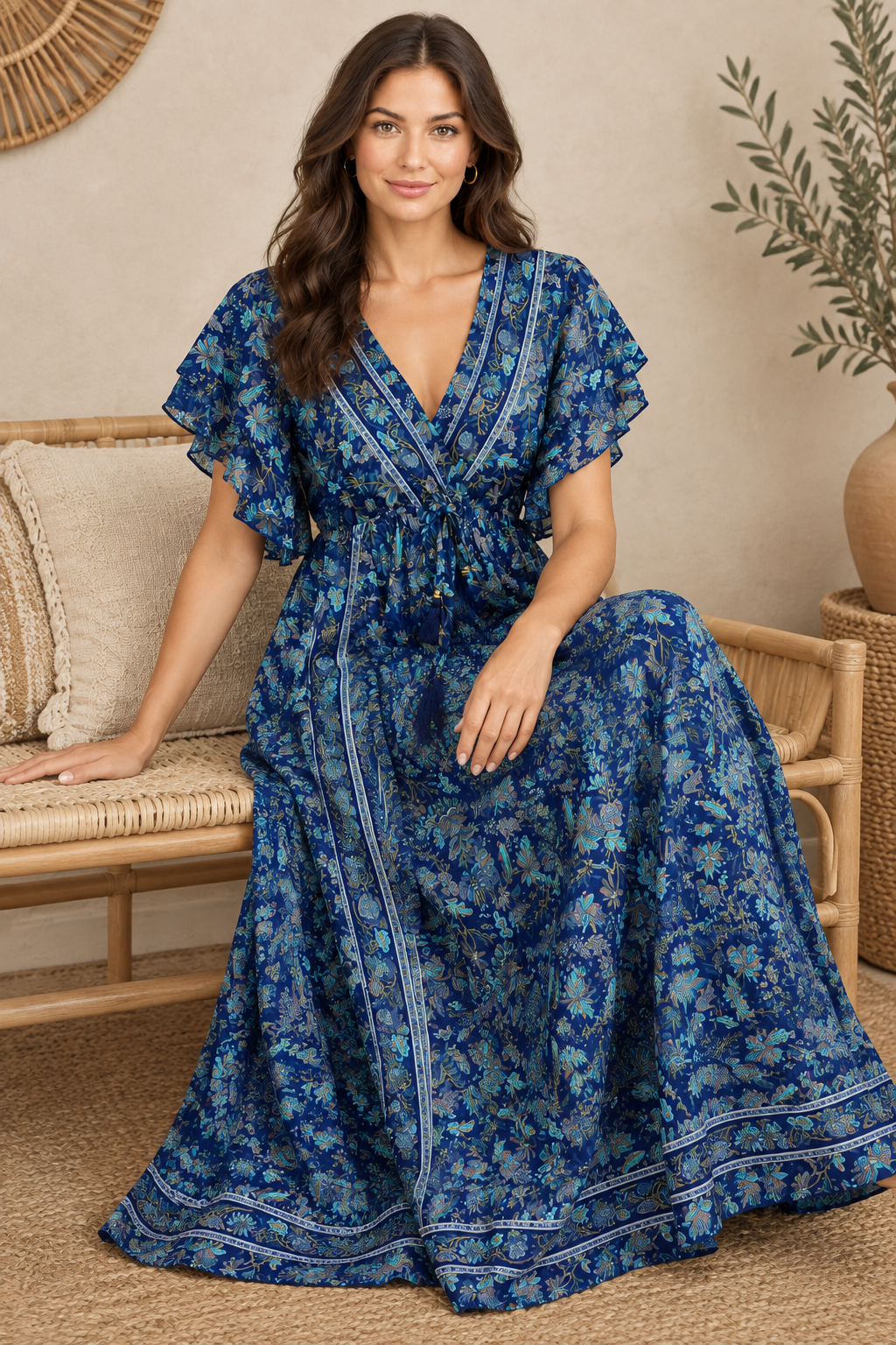 Boho Maxikleid Dunkelblau Türkis – Sitzbild