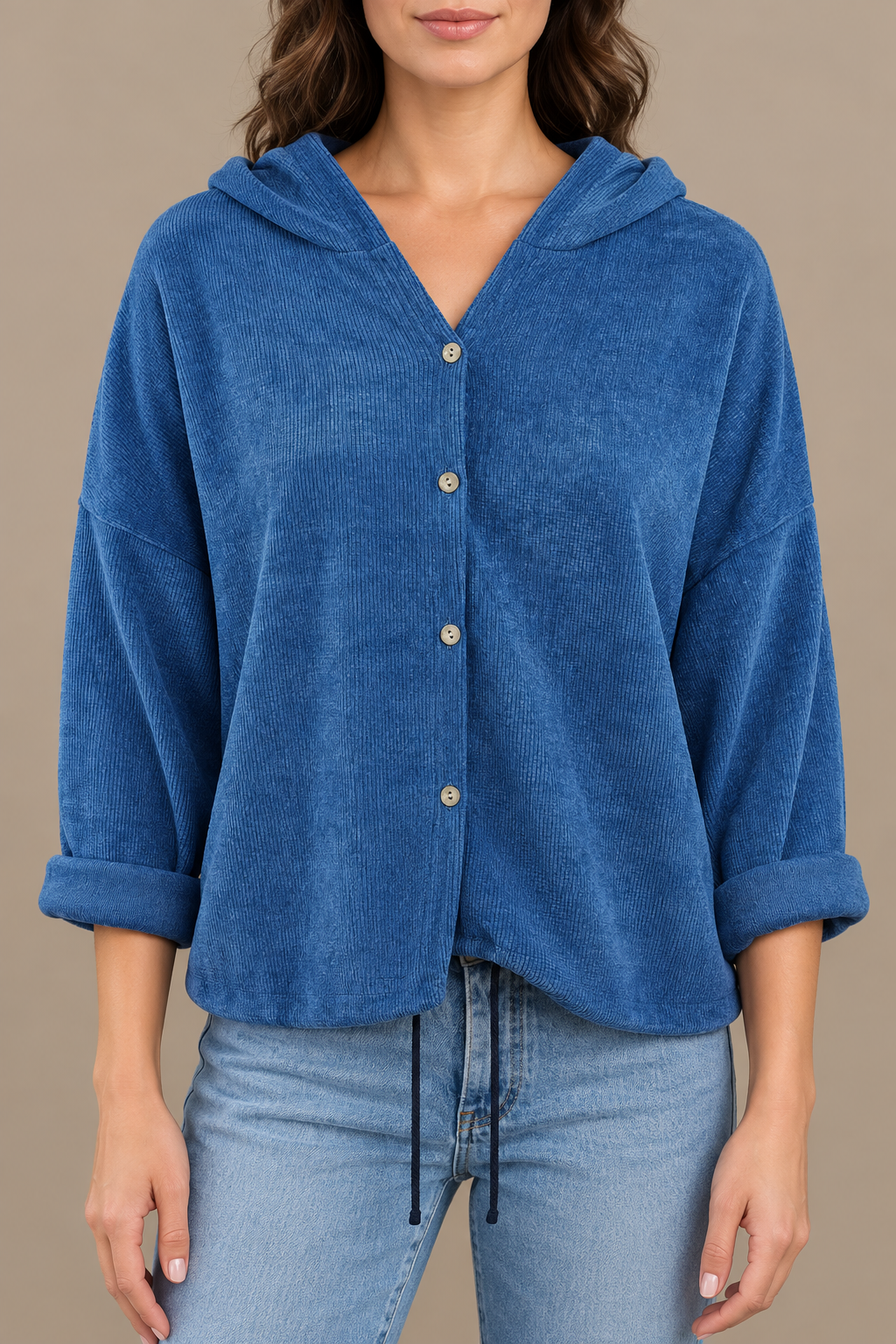 Blauer Cord-Hoodie mit Knopfleiste, Studio-Vorderansicht