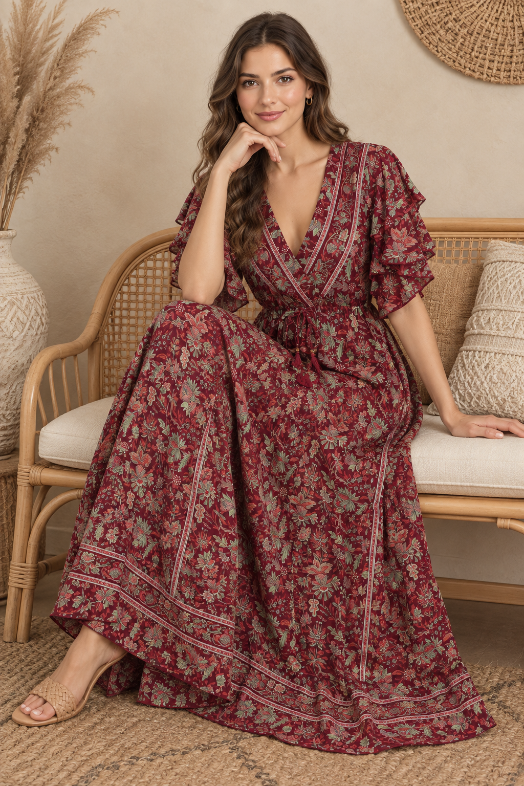 Boho Maxikleid Bordeauxrot Mintgrün – Sitzbild