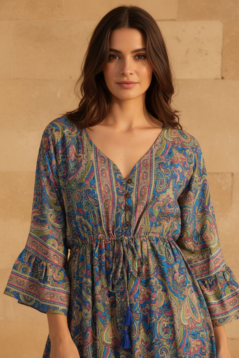 Boho Maxi Kleid Paisley – Detailbild Ausschnitt & Ärmel