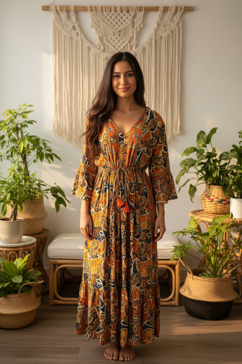 Boho Maxi Kleid Orange Navy Paisley – Boho Stehend