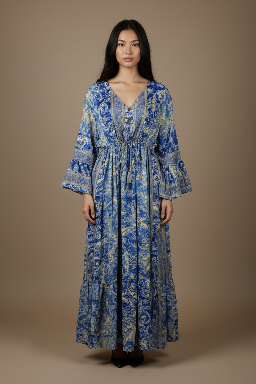 Boho Maxi Kleid Kobaltblau Gelb Baroque Paisley – Studio Hauptbild
