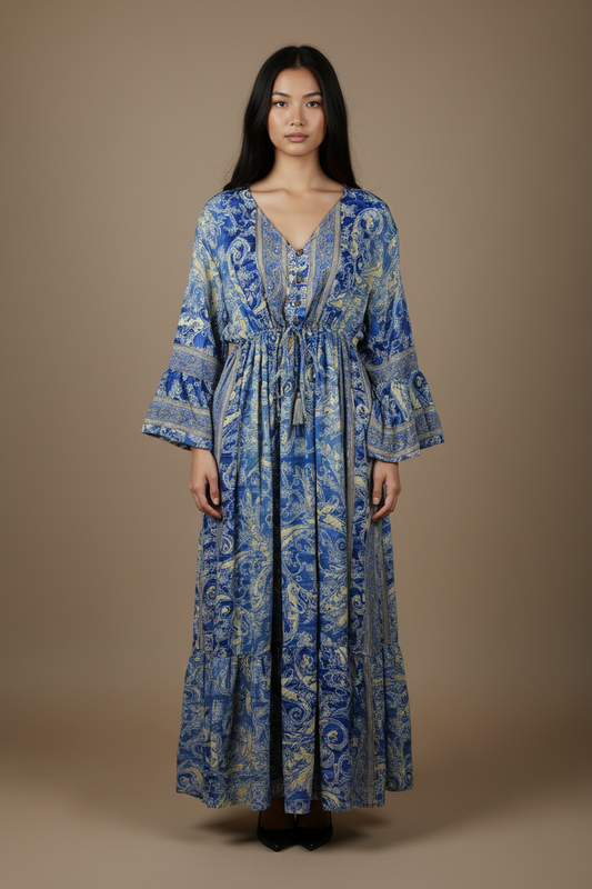 Boho Maxi Kleid Kobaltblau Gelb Baroque Paisley – Studio Hauptbild