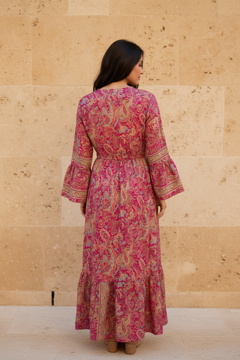 Boho Maxi Kleid Pink Paisley – Rückseite Steinwand