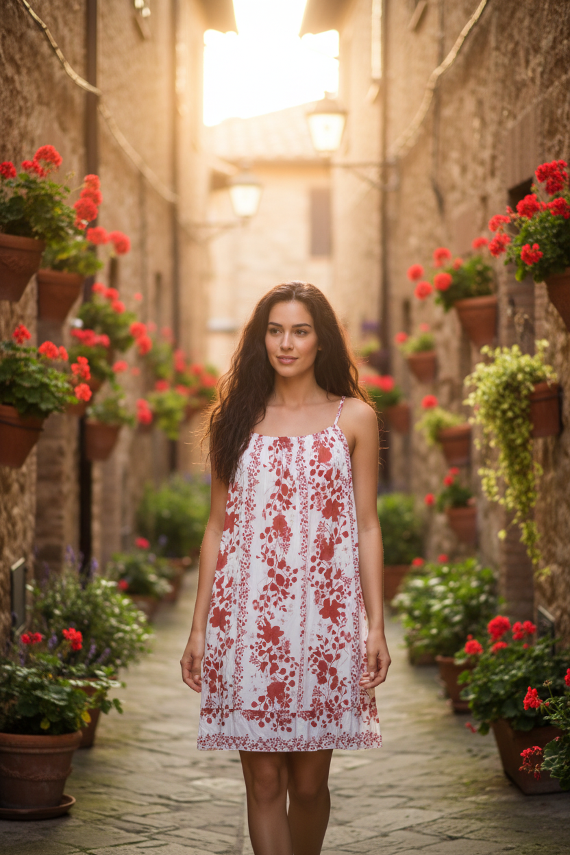 Sommerkleid Blumenprint Weiß Terrakotta Toskana