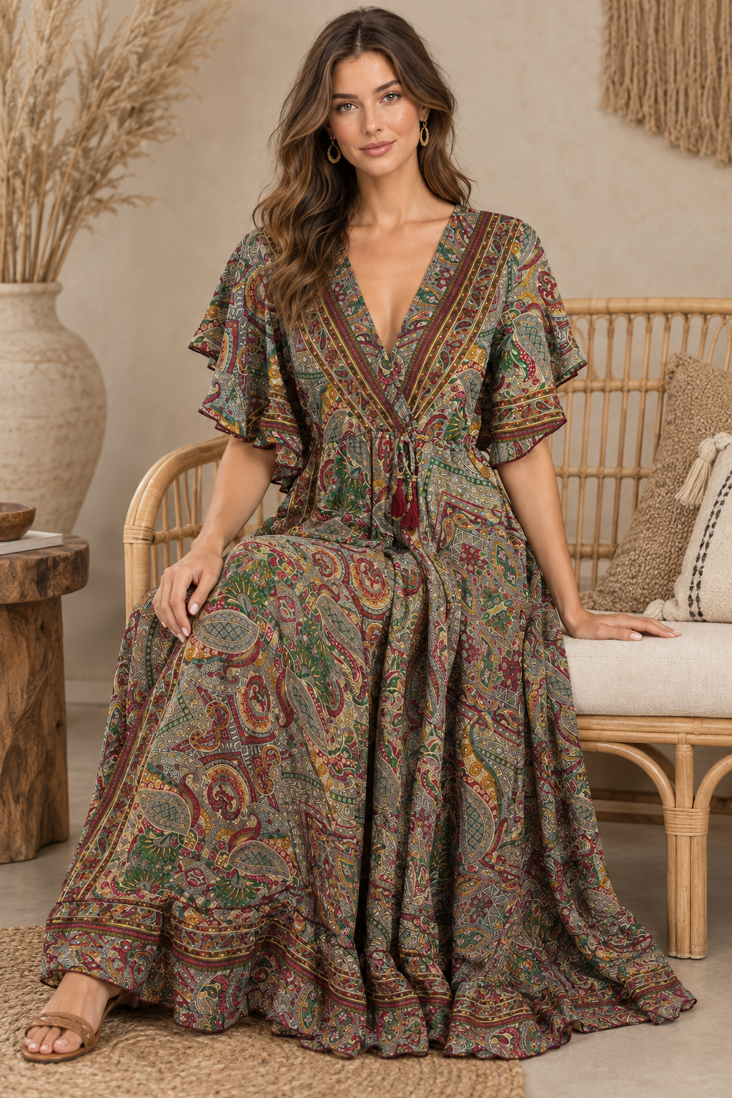 Boho Maxikleid Taupe Olivgrün – Sitzbild