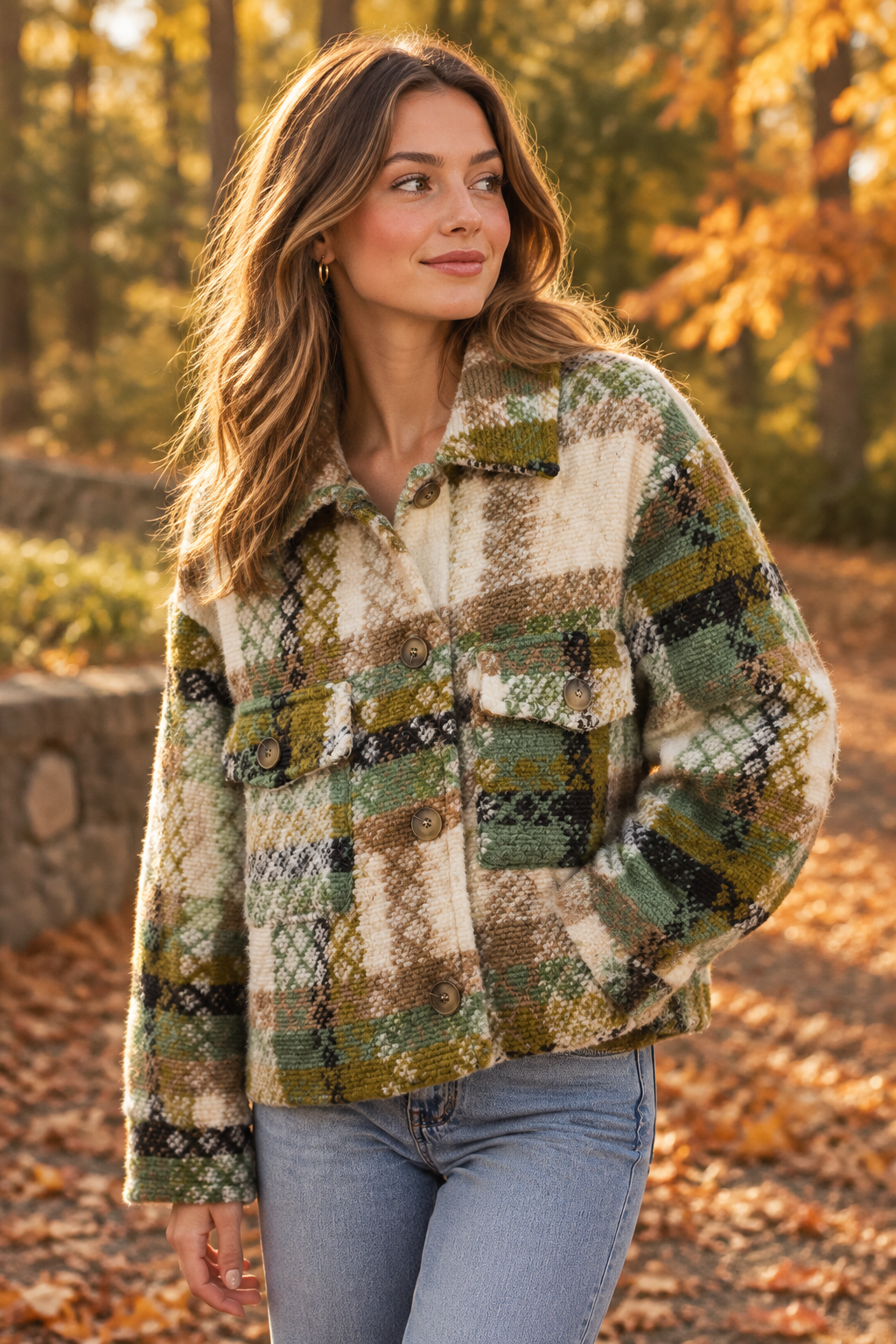 Karierte Oversize Jacke Shacket Grün-Mix – Herbst Moodbild