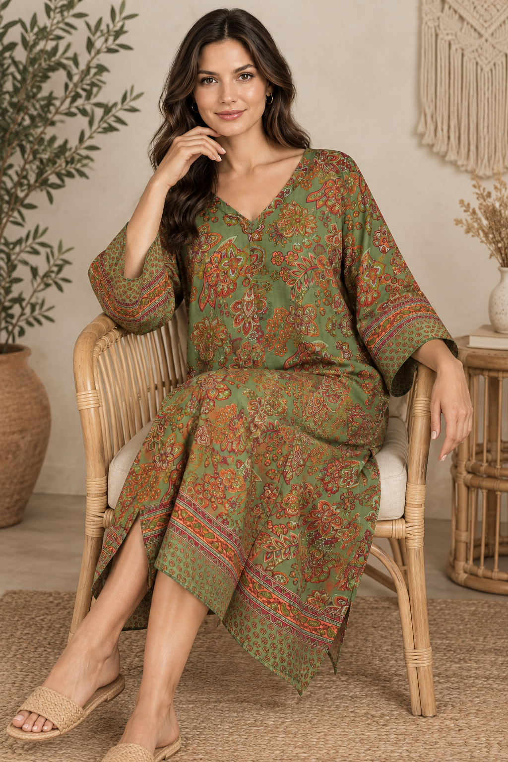 Boho Tunika Olivgrün und Rost – Sitzbild