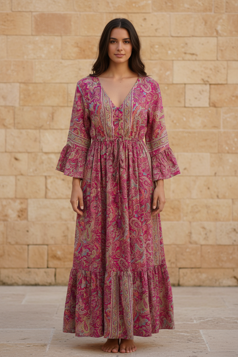Boho Maxi Kleid Pink Paisley – Steinwand