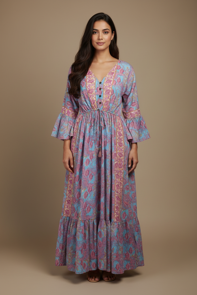 Boho Maxi Kleid Himmelblau Pink Rosen – Studio Hauptbild