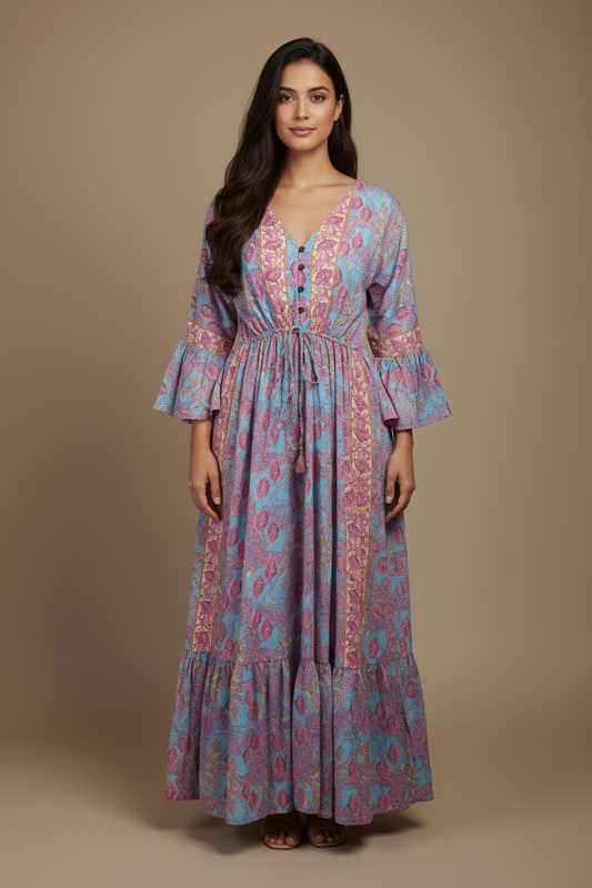 Boho Maxi Kleid Himmelblau Pink Rosen – Studio Hauptbild