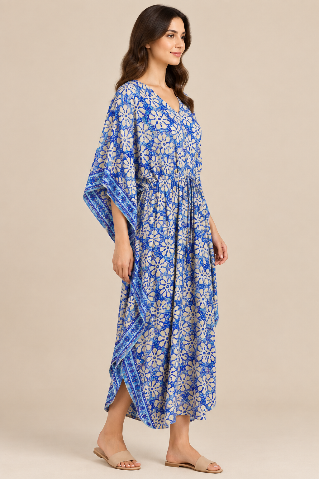 Boho Kaftan Blüten-Blau Creme – Seitenansicht