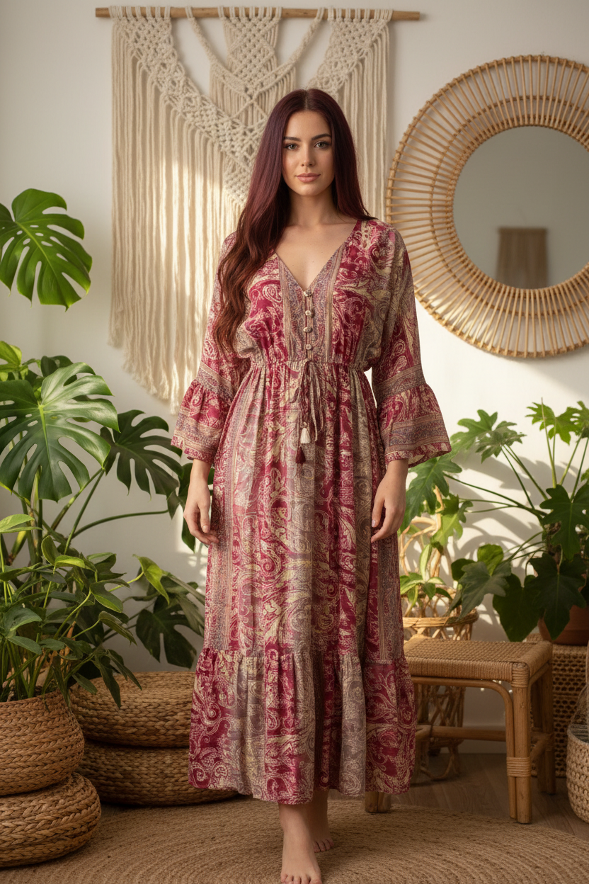Boho Maxi Kleid Bordeaux Creme Baroque Paisley – Boho Stehend