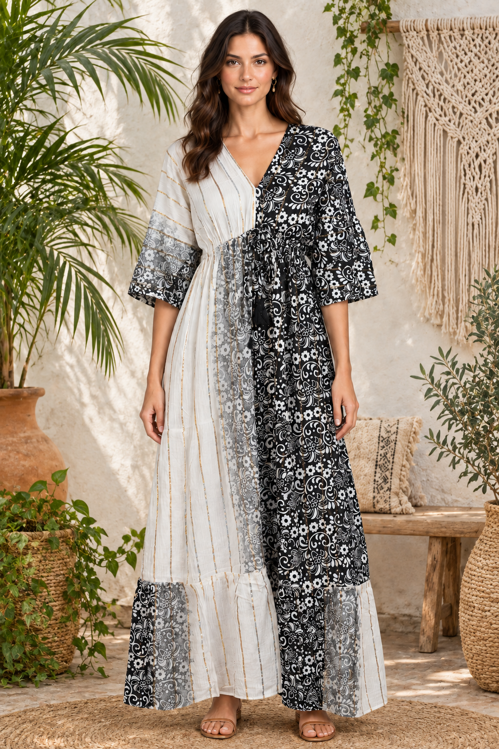 Boho Maxikleid Schwarz Weiß Patchwork im Boho-Ambiente