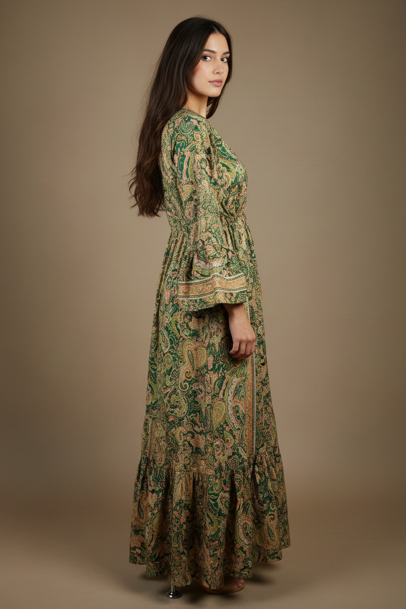 Boho Maxi Kleid Waldgrün Gold Baroque Paisley – Seitenansicht