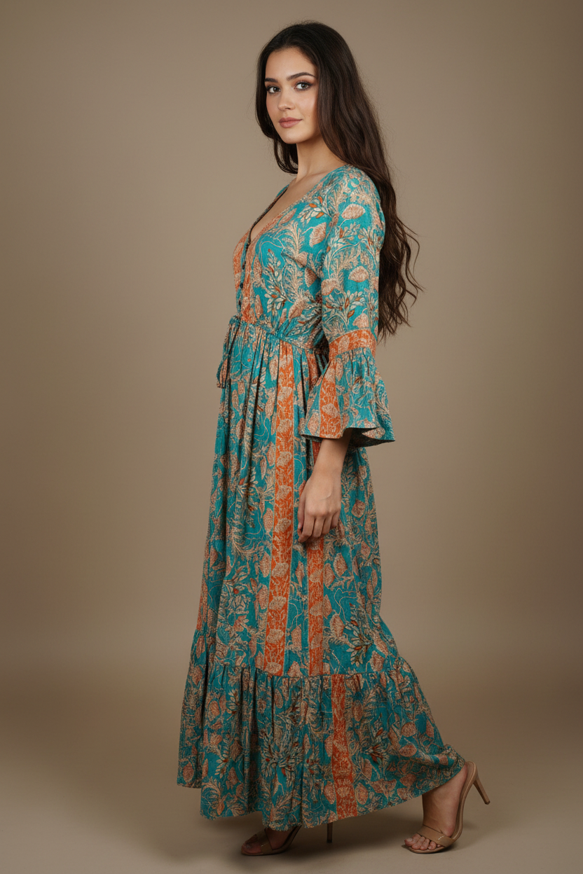 Boho Maxi Kleid Türkis Orange Blockprint – Seitenansicht