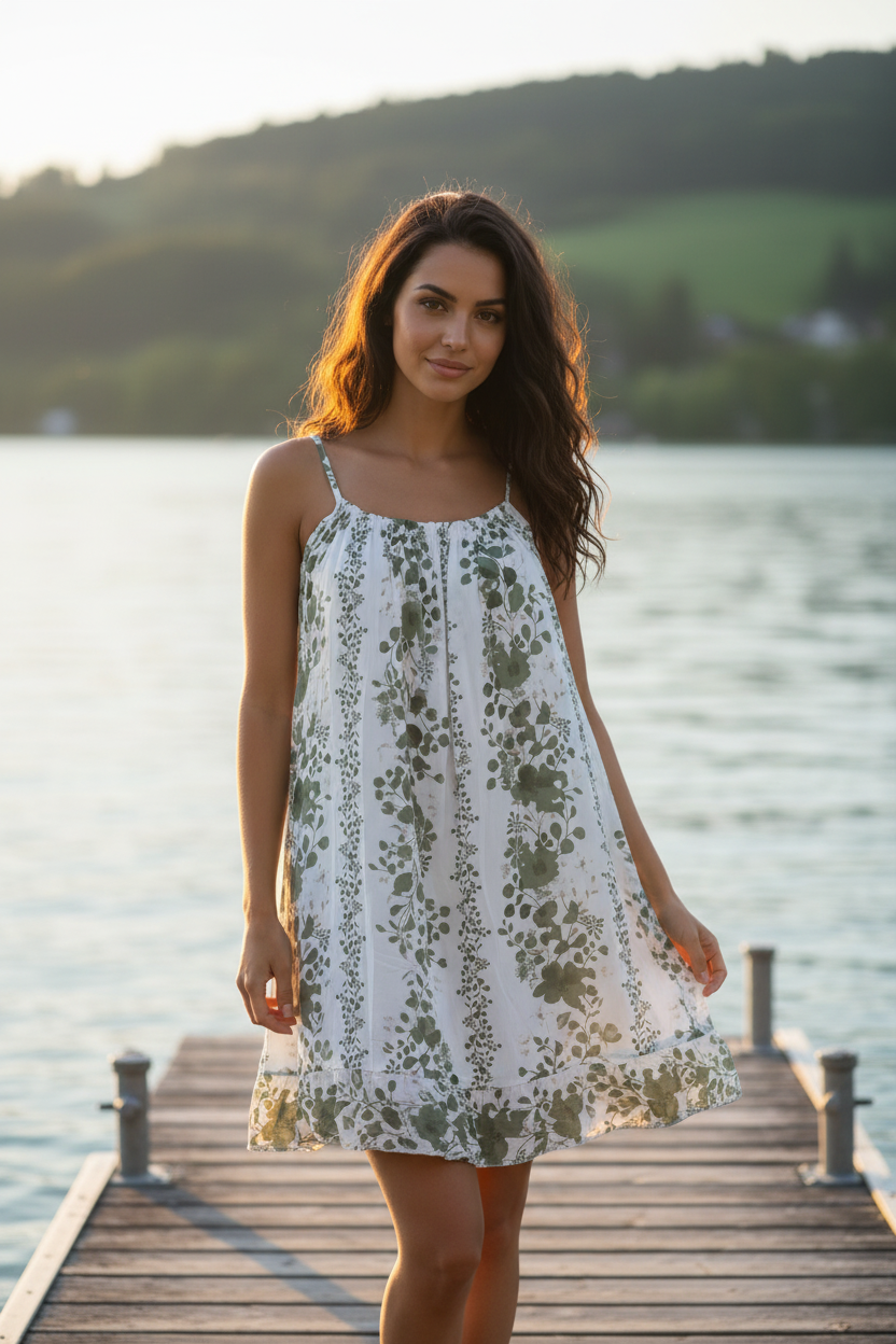Sommerkleid Blumenprint Weiß Salbeigrün Bodensee