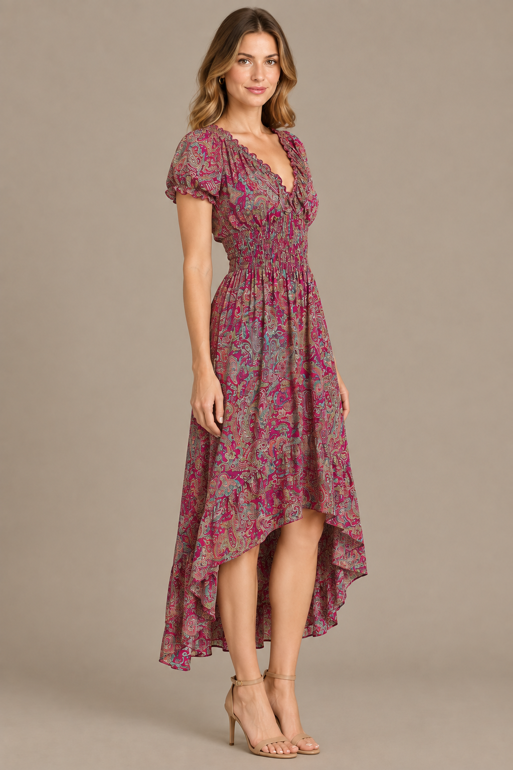 Boho Kleid in Bordeaux und Pink – Seitenansicht