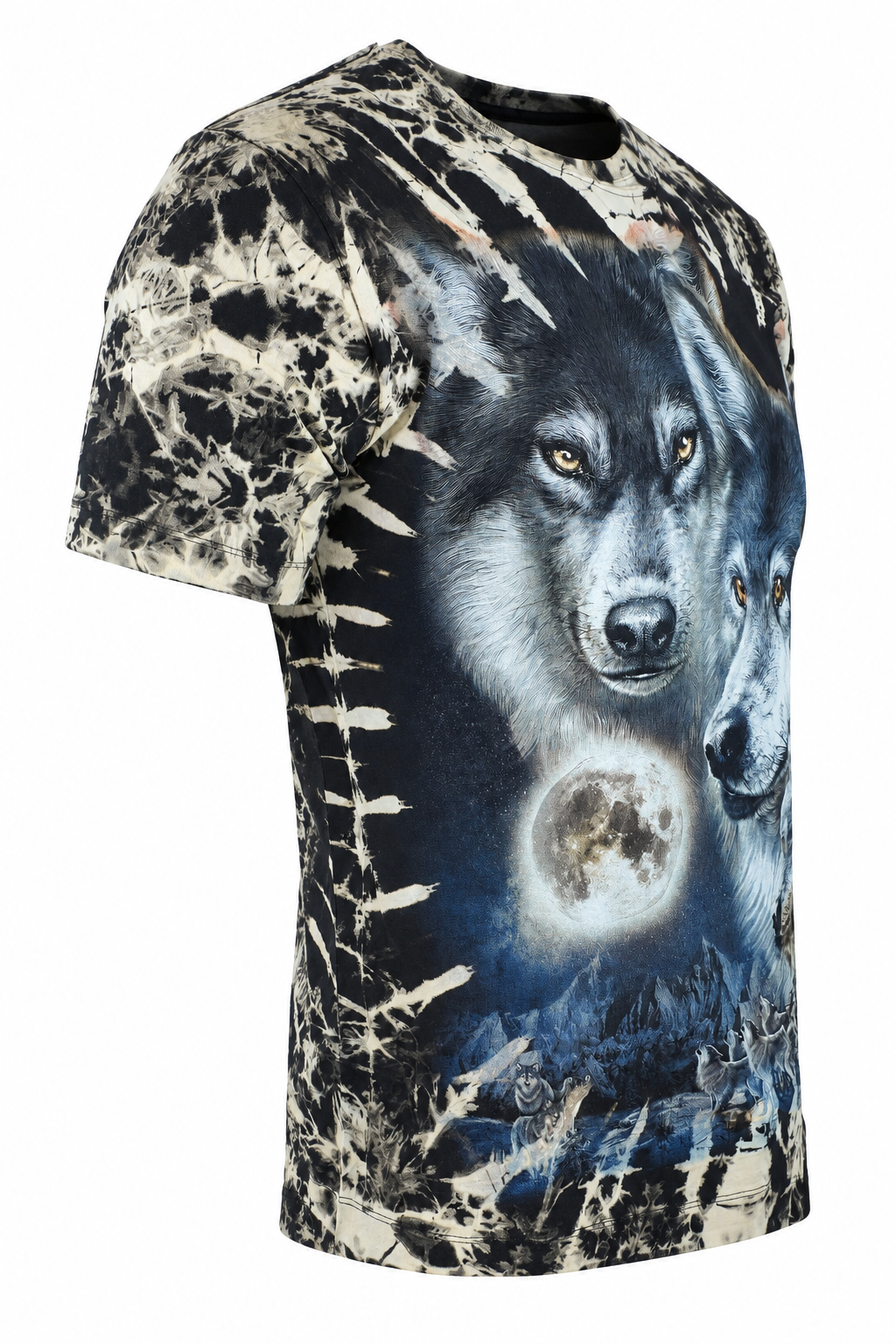 Wolf Moon Tie-Dye T-Shirt in der Seitenansicht auf weißem Hintergrund
