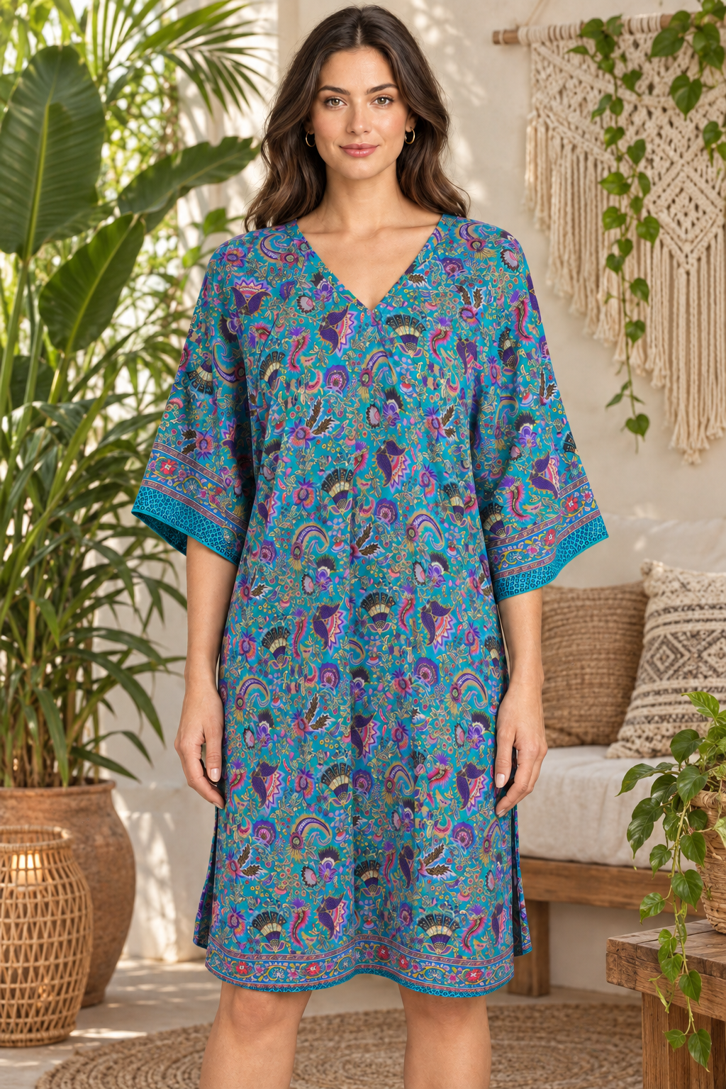 Boho Tunika Türkis und Violett im Boho-Ambiente