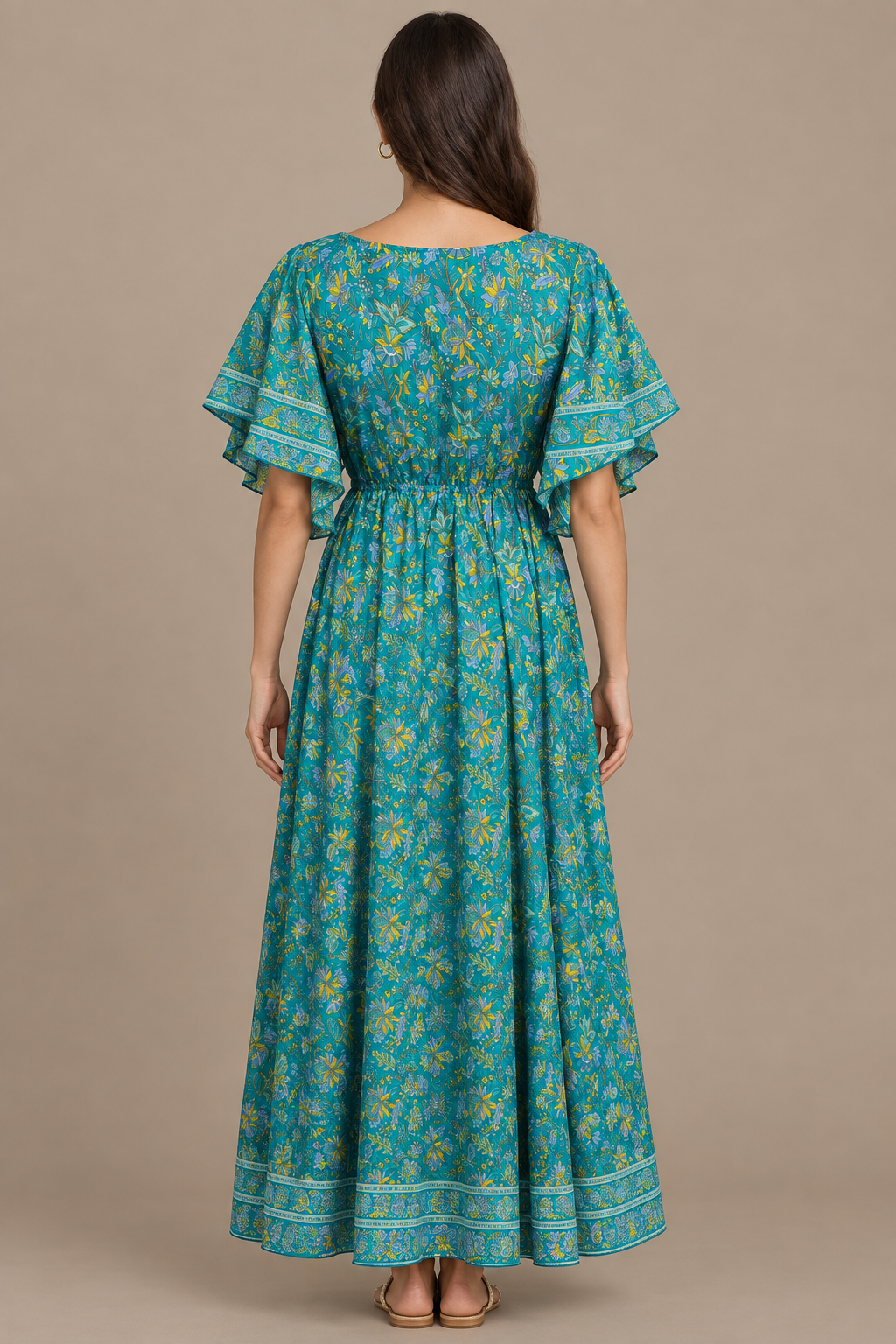 Boho Maxikleid Türkis Petrol Gelb – korrigierte Rückansicht