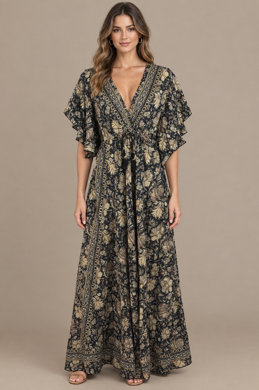 Boho Maxikleid Schwarz Taupe – Studio Vorderansicht