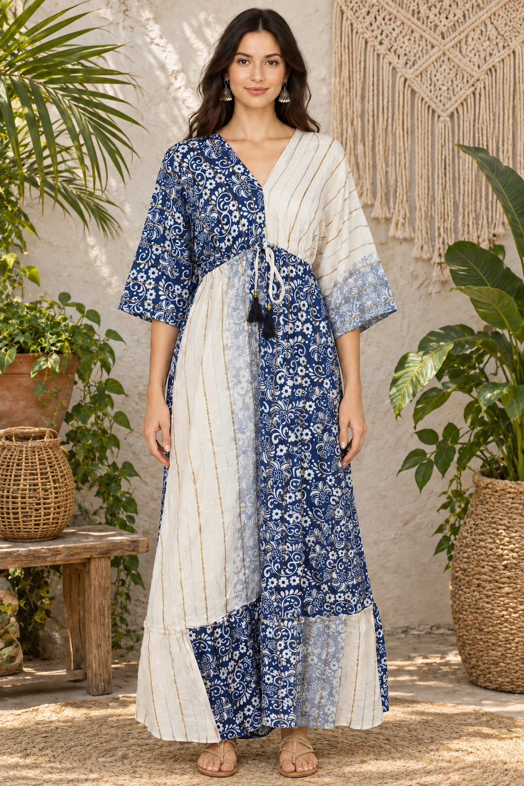 Boho Maxikleid Dunkelblau Weiß Patchwork im Boho-Ambiente