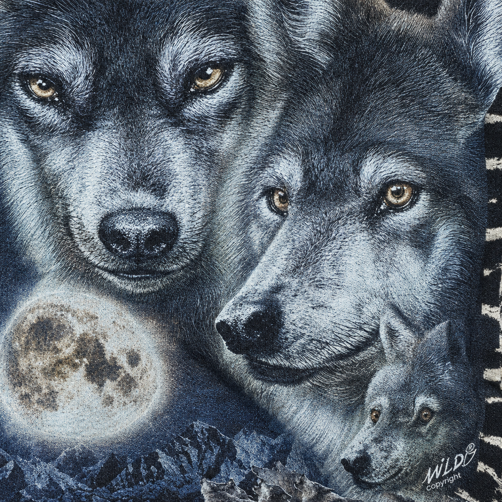 Detailaufnahme von Wolfsmotiv, Fellstruktur und Baumwollstoff